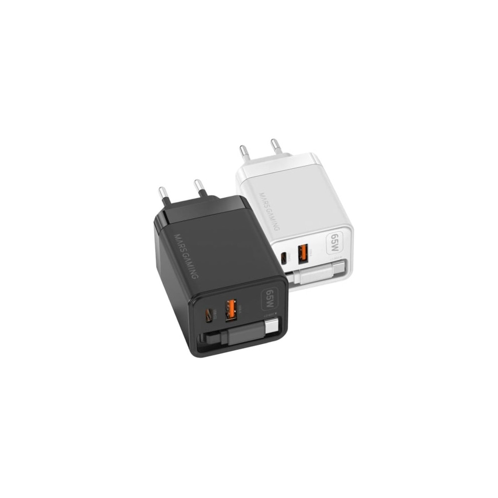 Cargador de Pared GaN Mars Gaming MD-GAN65R/ 1xUSB Tipo-C/ 1xUSB/ 65W/ Negro | Cargadores +60W