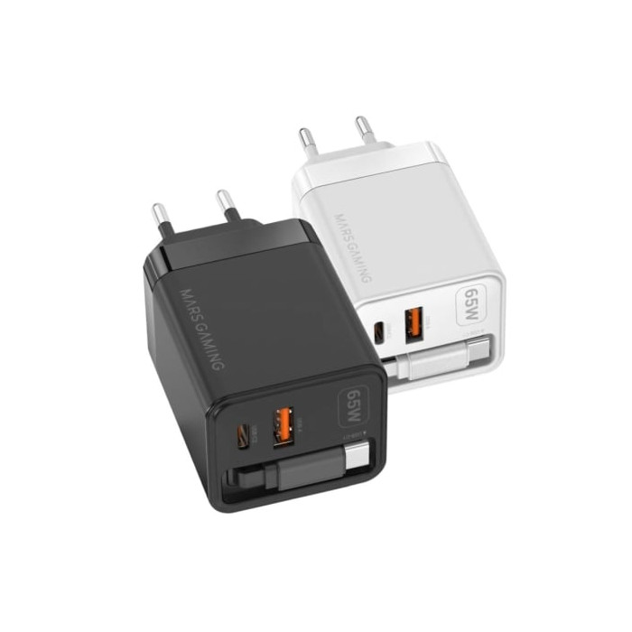 Cargador de Pared GaN Mars Gaming MD-GAN65R/ 1xUSB Tipo-C/ 1xUSB/ 65W/ Negro | Cargadores +60W