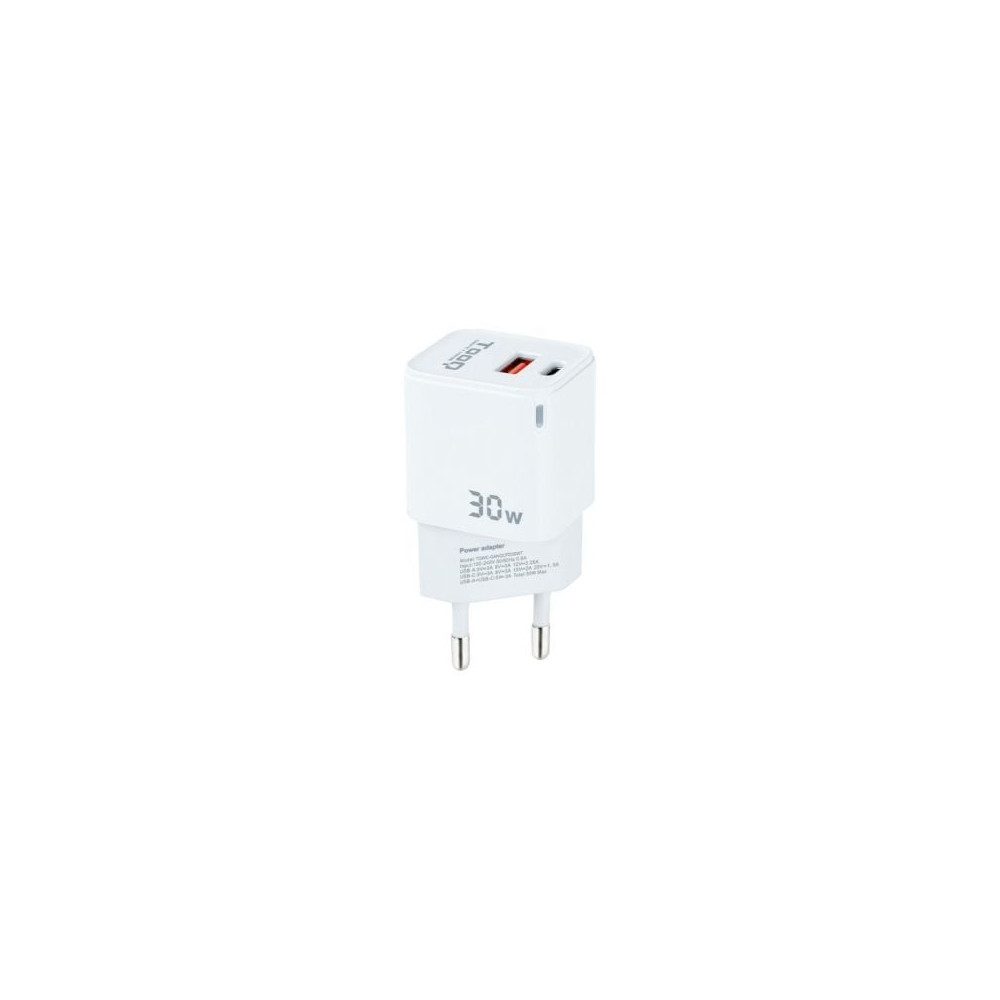 Cargador de Pared GaN TooQ TQWC-GANQCPD30WT/ 1xUSB Tipo-C/ 1xUSB/ 30W | Cargadores hasta 45W