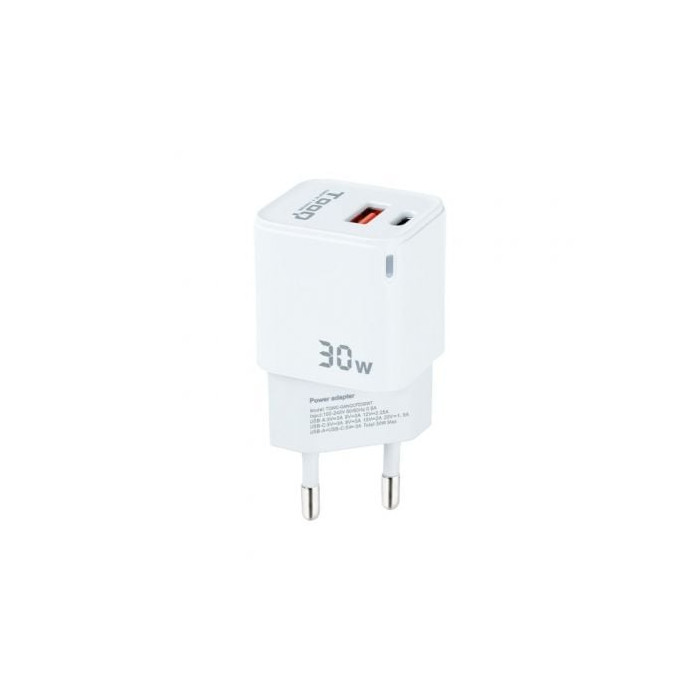 Cargador de Pared GaN TooQ TQWC-GANQCPD30WT/ 1xUSB Tipo-C/ 1xUSB/ 30W | Cargadores hasta 45W