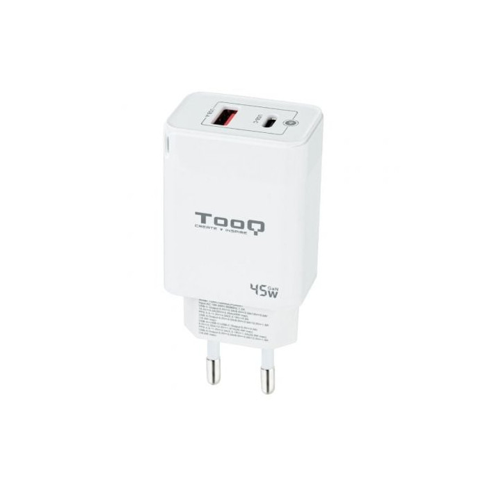 Cargador de Pared GaN TooQ TQWC-GANQCPD45WT/ 1xUSB Tipo-C/ 1xUSB/ 45W | Cargadores 45-60W