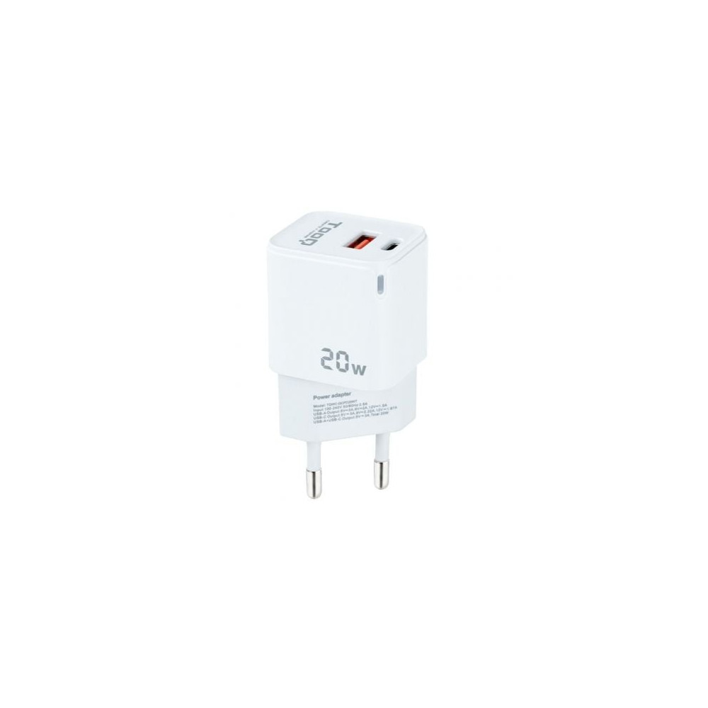Cargador de Pared TooQ TQWC-QCPD20WT/ 1xUSB-Tipo C/ 1x USB/ 20W/ Blanco | Cargadores hasta 45W