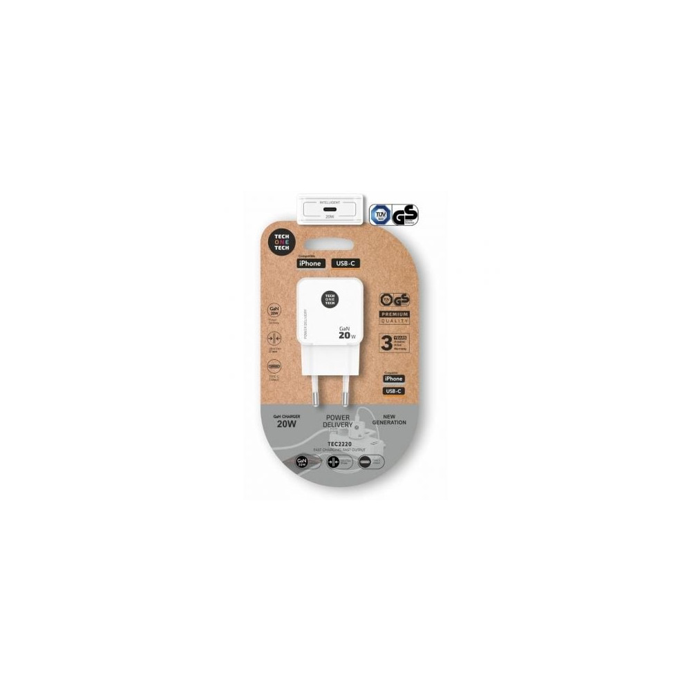 Cargador de Pared GaN Tech One Tech GaN TEC2220/ 1xUSB Tipo-C/ 20W/ Blanco | Cargadores hasta 45W