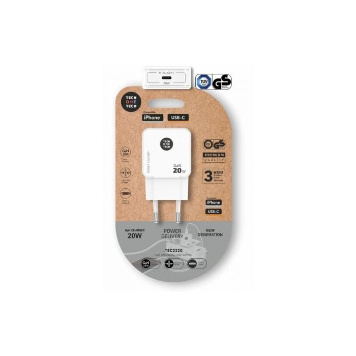 Cargador de Pared GaN Tech One Tech GaN TEC2220/ 1xUSB Tipo-C/ 20W/ Blanco | Cargadores hasta 45W