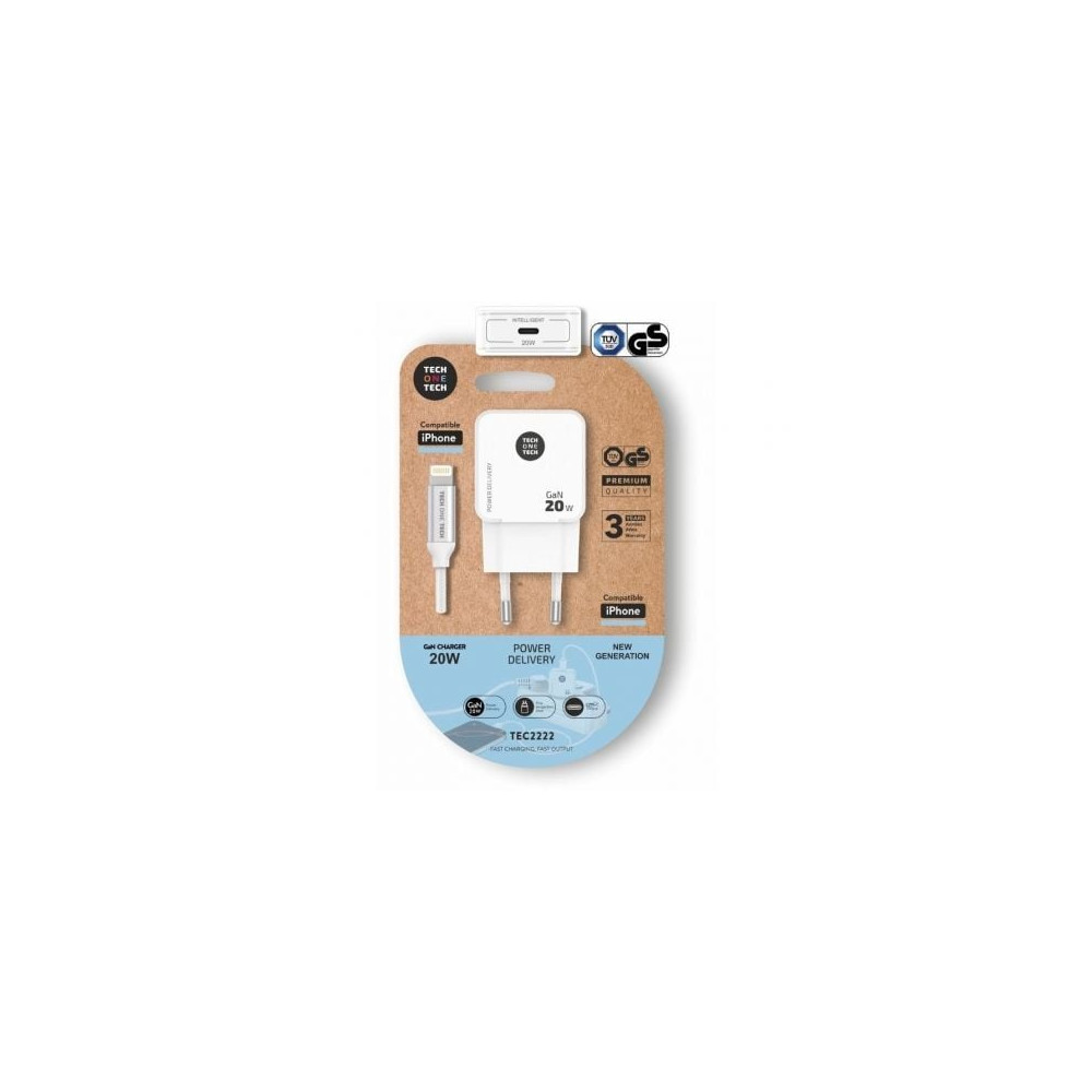 Cargador de Pared Tech One Tech TEC2222/ 1xUSB Tipo-C + Cable Lightning/ 20W/ Blanco | Cargadores hasta 45W