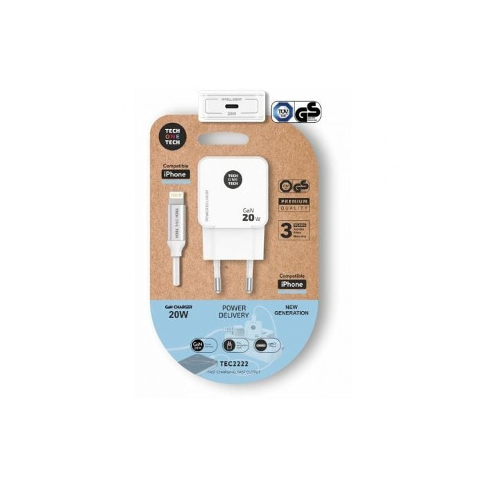 Cargador de Pared Tech One Tech TEC2222/ 1xUSB Tipo-C + Cable Lightning/ 20W/ Blanco | Cargadores hasta 45W