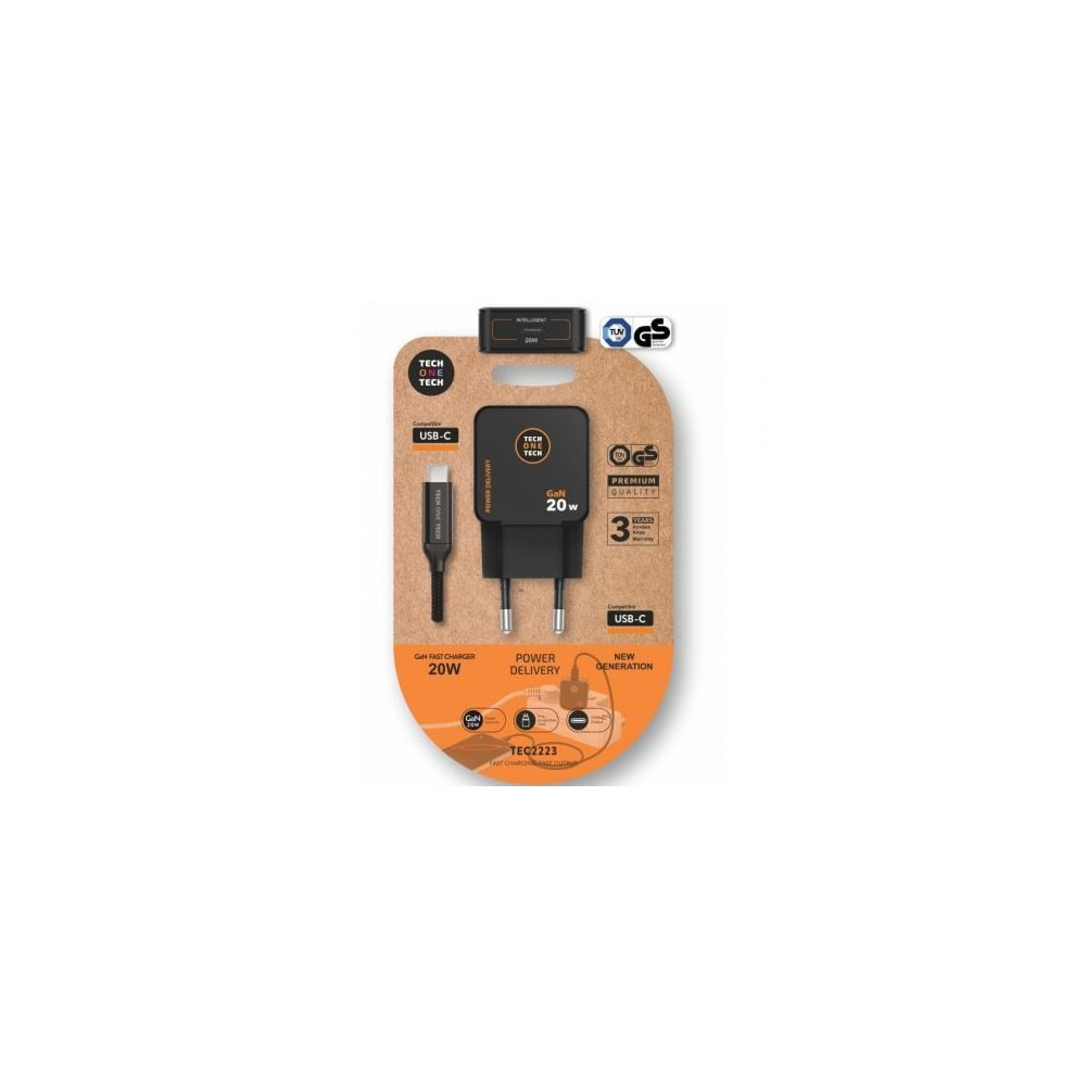 Cargador de Pared GaN Tech One Tech TEC2223/ 1xUSB Tipo-C + Cable USB Tipo-C/ 20W/ Negro | Cargadores hasta 45W