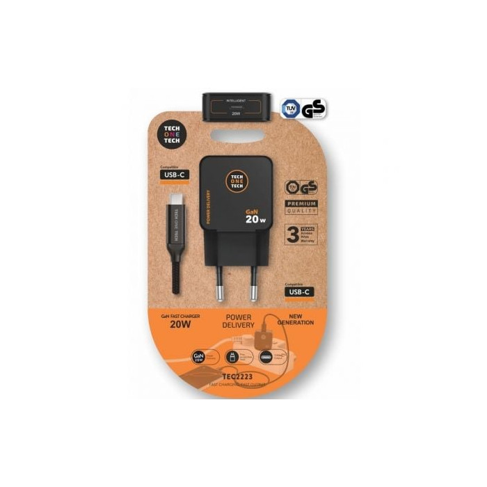 Cargador de Pared GaN Tech One Tech TEC2223/ 1xUSB Tipo-C + Cable USB Tipo-C/ 20W/ Negro | Cargadores hasta 45W