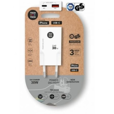 Cargador de Pared GaN Tech One Tech GaN TEC2230/ 1xUSB Tipo-C/ 1xUSB/ 30W/ Blanco | Cargadores hasta 45W