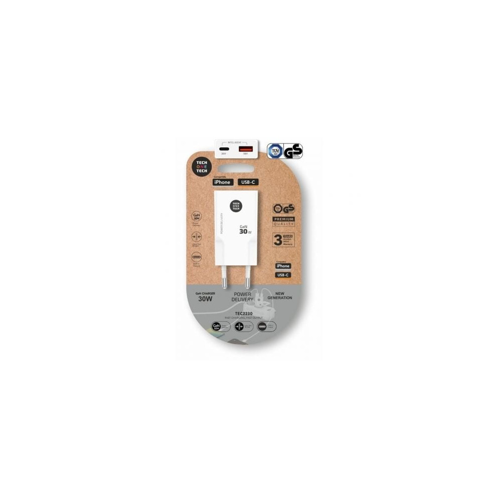Cargador de Pared GaN Tech One Tech GaN TEC2230/ 1xUSB Tipo-C/ 1xUSB/ 30W/ Blanco | Cargadores hasta 45W