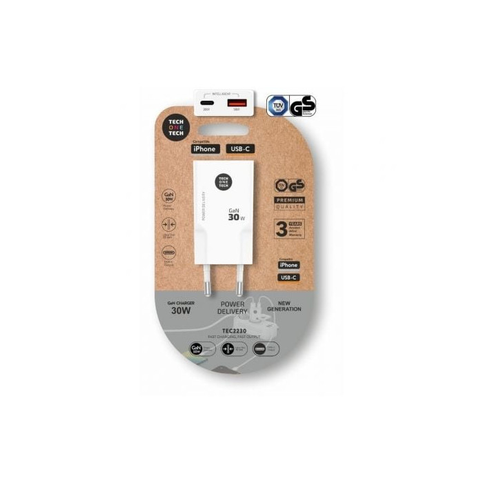 Cargador de Pared GaN Tech One Tech GaN TEC2230/ 1xUSB Tipo-C/ 1xUSB/ 30W/ Blanco | Cargadores hasta 45W