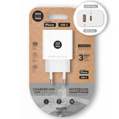 Cargador de Pared GaN Tech One Tech GaN TEC2270/ 1xUSB Tipo-C/ 1xUSB/ 65W/ Blanco | Cargadores +60W
