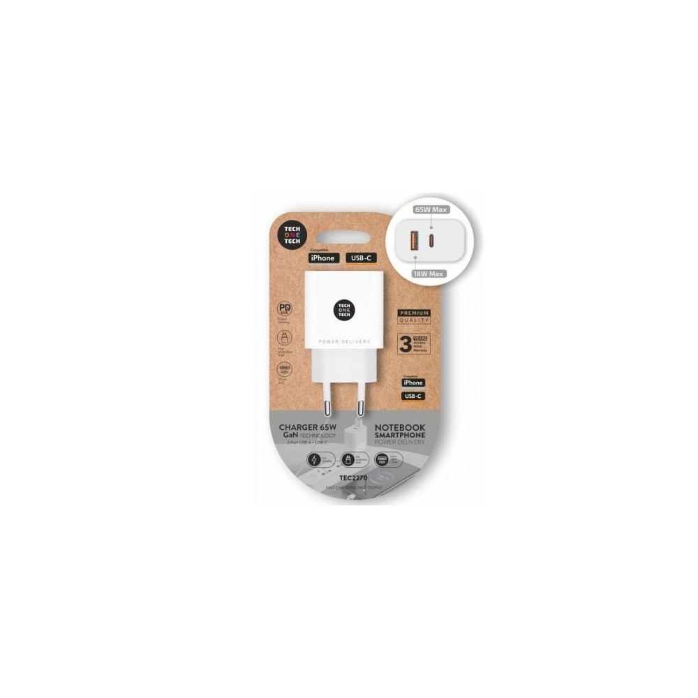 Cargador de Pared GaN Tech One Tech GaN TEC2270/ 1xUSB Tipo-C/ 1xUSB/ 65W/ Blanco | Cargadores +60W