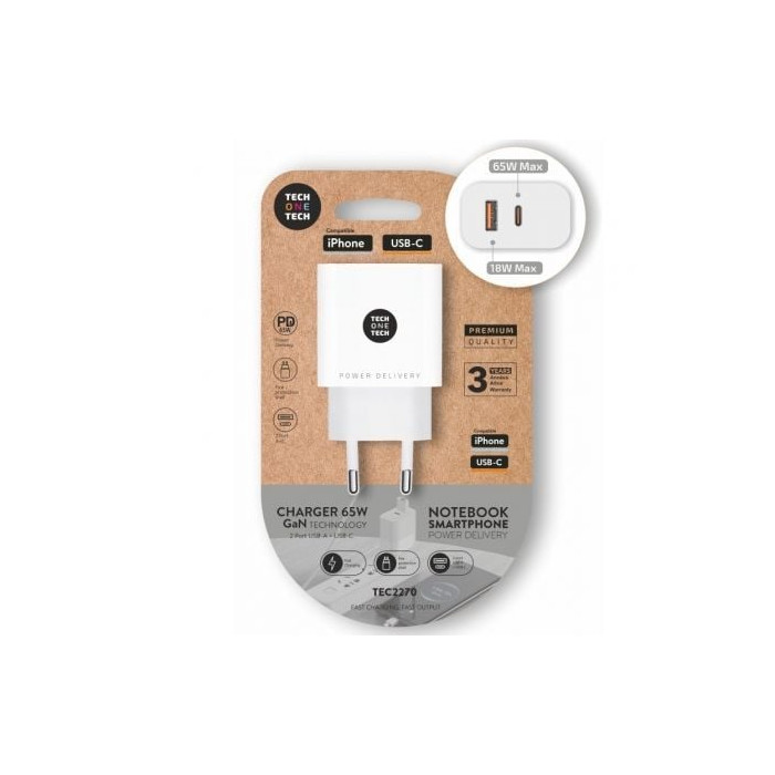 Cargador de Pared GaN Tech One Tech GaN TEC2270/ 1xUSB Tipo-C/ 1xUSB/ 65W/ Blanco | Cargadores +60W