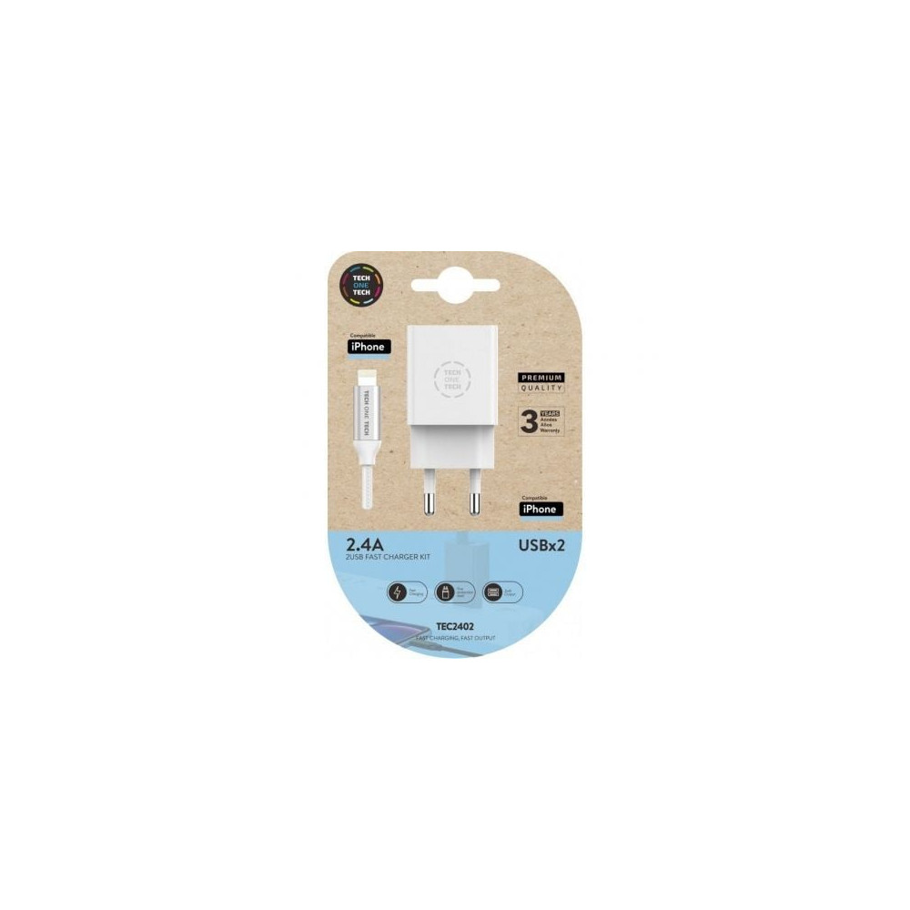 Cargador de Pared Tech One Tech TEC2402/ 2xUSB + Cable Lightning/ 12W/ Blanco | Cargadores hasta 45W