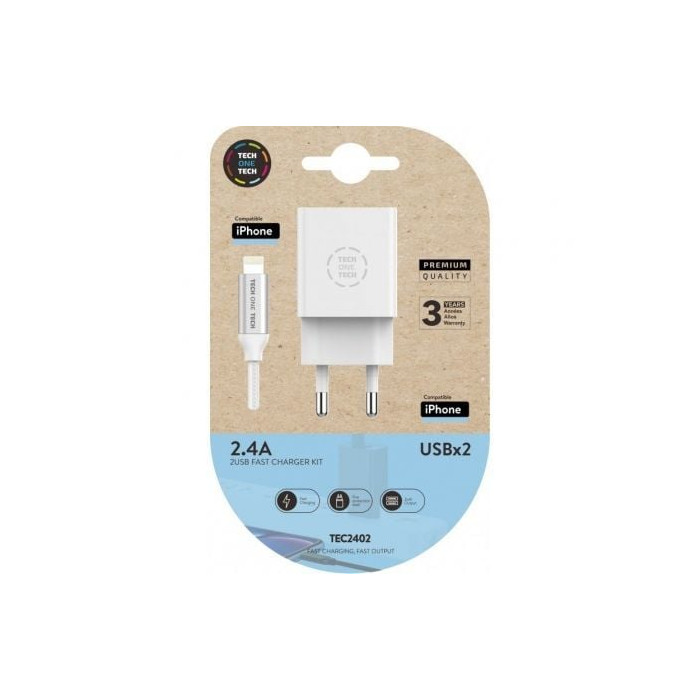 Cargador de Pared Tech One Tech TEC2402/ 2xUSB + Cable Lightning/ 12W/ Blanco | Cargadores hasta 45W