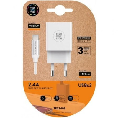Cargador de Pared Tech One Tech TEC2403/ 2xUSB + Cable USB Tipo-C/ 12W/ Blanco | Cargadores hasta 45W