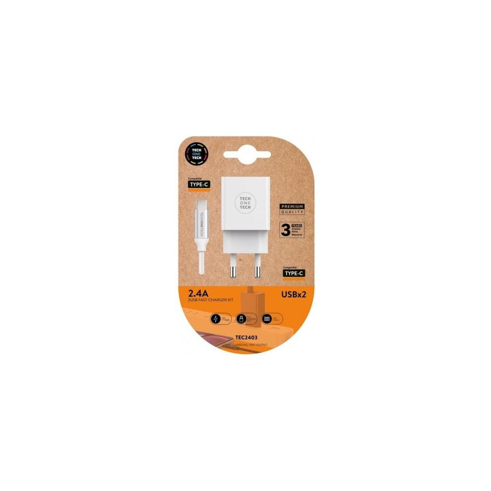 Cargador de Pared Tech One Tech TEC2403/ 2xUSB + Cable USB Tipo-C/ 12W/ Blanco | Cargadores hasta 45W