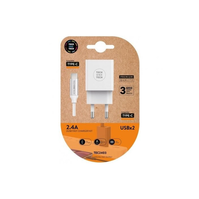 Cargador de Pared Tech One Tech TEC2403/ 2xUSB + Cable USB Tipo-C/ 12W/ Blanco | Cargadores hasta 45W