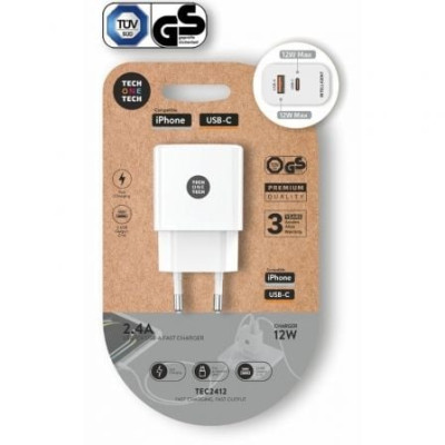 Cargador de Pared Tech One Tech TEC2412/ 1xUSB Tipo-C/ 1xUSB/ 12W/ Blanco | Cargadores hasta 45W