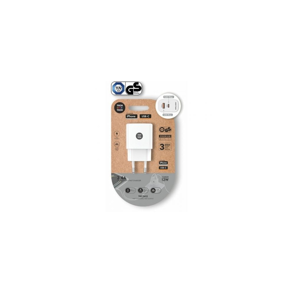 Cargador de Pared Tech One Tech TEC2412/ 1xUSB Tipo-C/ 1xUSB/ 12W/ Blanco | Cargadores hasta 45W