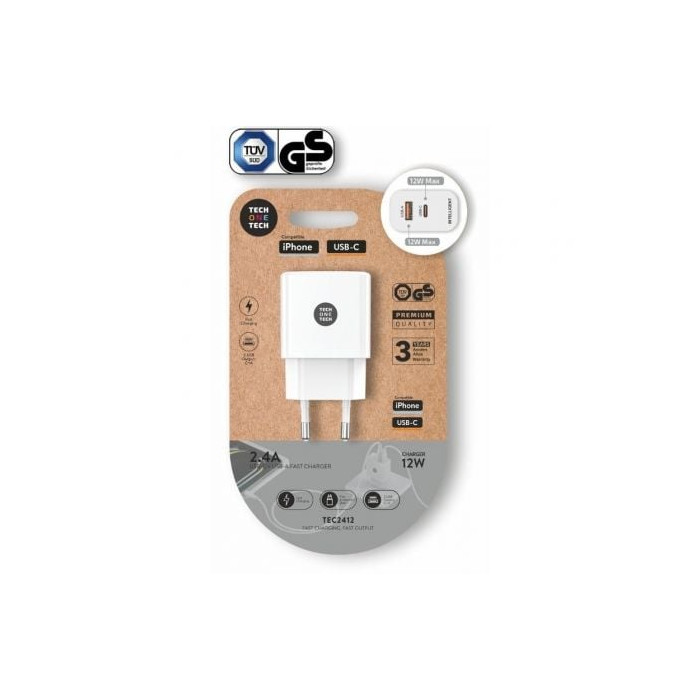 Cargador de Pared Tech One Tech TEC2412/ 1xUSB Tipo-C/ 1xUSB/ 12W/ Blanco | Cargadores hasta 45W