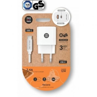 Cargador de Pared Tech One Tech TEC2413/ 1xUSB Tipo-C/ 1xUSB + Cable USB Tipo-C/ 12W/ Blanco | Cargadores hasta 45W