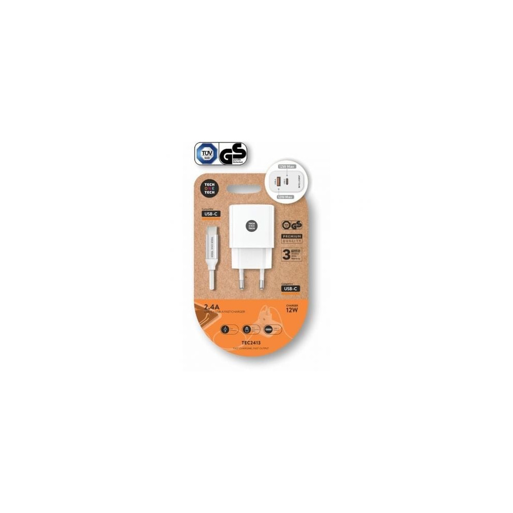 Cargador de Pared Tech One Tech TEC2413/ 1xUSB Tipo-C/ 1xUSB + Cable USB Tipo-C/ 12W/ Blanco | Cargadores hasta 45W