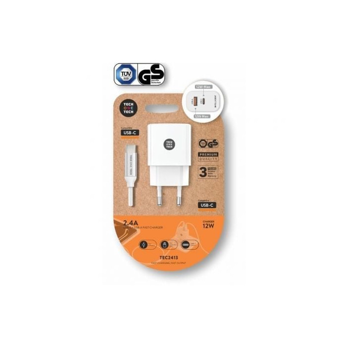 Cargador de Pared Tech One Tech TEC2413/ 1xUSB Tipo-C/ 1xUSB + Cable USB Tipo-C/ 12W/ Blanco | Cargadores hasta 45W