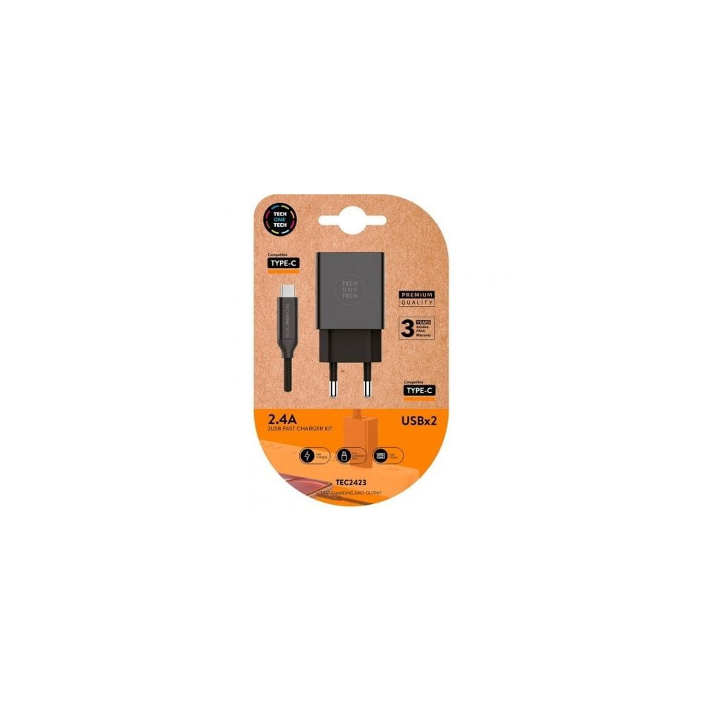 Cargador de Pared Tech One Tech TEC2423/ 2xUSB + Cable USB Tipo-C/ 12W/ Negro | Cargadores hasta 45W
