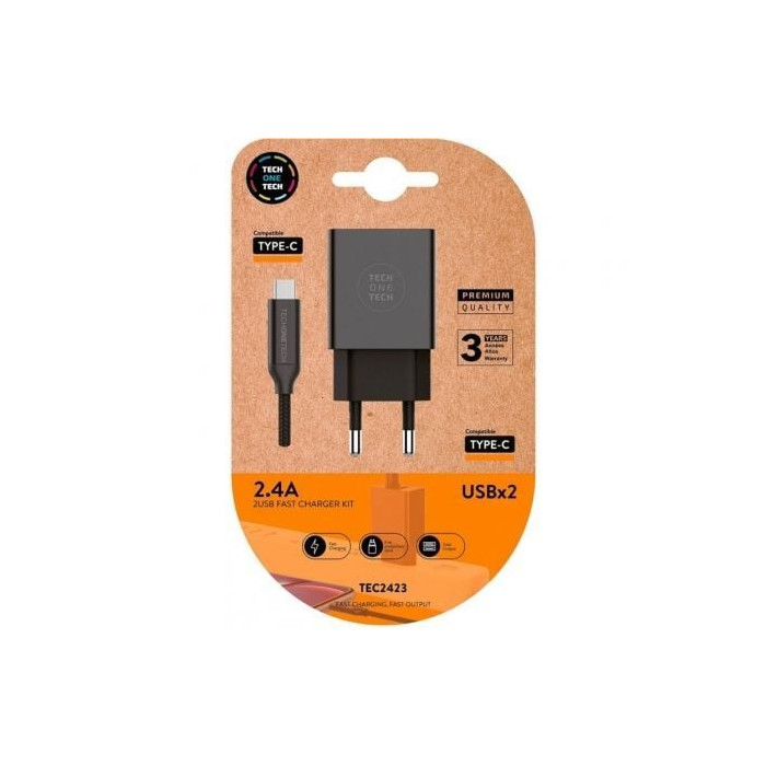 Cargador de Pared Tech One Tech TEC2423/ 2xUSB + Cable USB Tipo-C/ 12W/ Negro | Cargadores hasta 45W