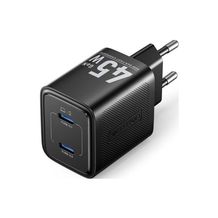 Cargador de Pared GaN Vention FEFB0-EU/ 2xUSB Tipo-C/ 45W | Cargadores 45-60W
