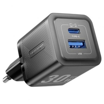 Cargador de Pared GaN Vention FEQB0-EU/ 1xUSB Tipo-C/ 1xUSB/ 30W | Cargadores hasta 45W
