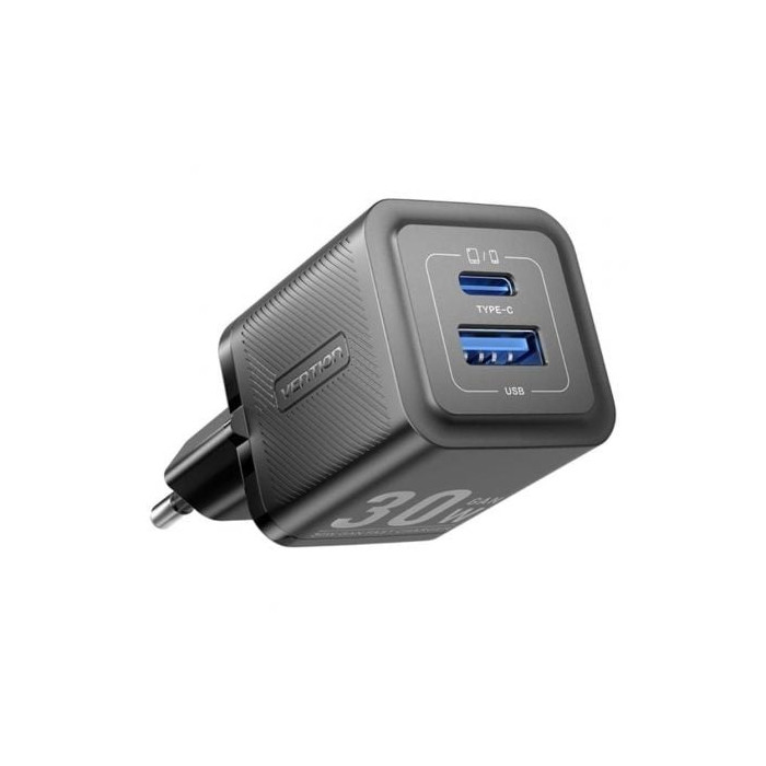 Cargador de Pared GaN Vention FEQB0-EU/ 1xUSB Tipo-C/ 1xUSB/ 30W | Cargadores hasta 45W