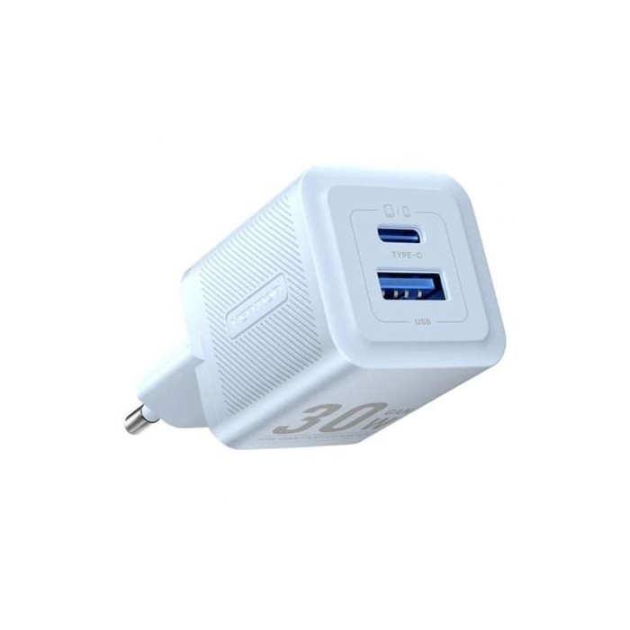 Cargador de Pared GaN Vention FEQL0-EU/ 1xUSB Tipo-C/ 1xUSB/ 30W | Cargadores hasta 45W
