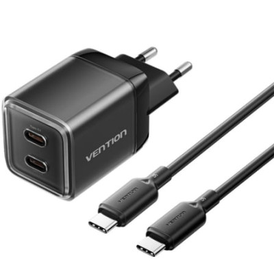 Cargador de Pared GaN Vention TZ-FCFB0-EU/ 2xUSB Tipo-C + Cable USB Tipo-C/ 45W | Cargadores 45-60W