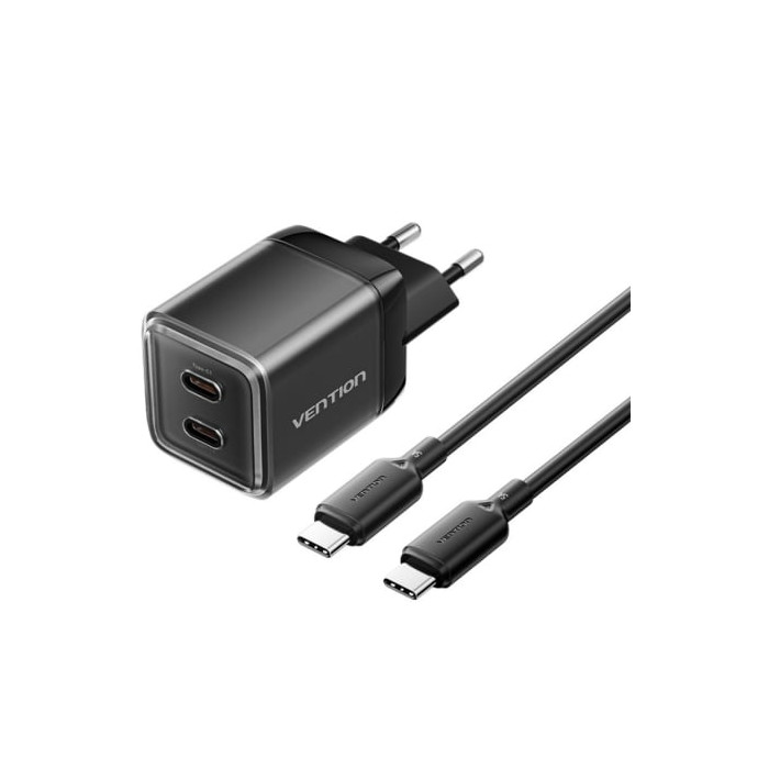 Cargador de Pared GaN Vention TZ-FCFB0-EU/ 2xUSB Tipo-C + Cable USB Tipo-C/ 45W | Cargadores 45-60W