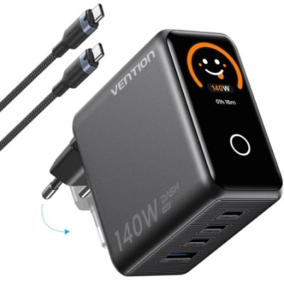 Cargador de Pared GaN Vention TZ-FCOH0-EU/ 3xUSB Tipo-C + Cable USB Tipo-C/ 1xUSB/ 140W | Cargadores +60W