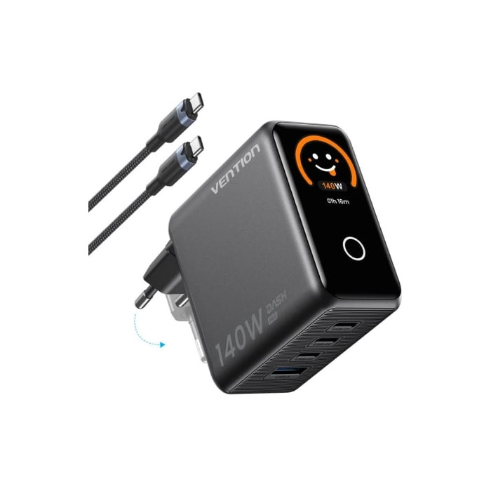 Cargador de Pared GaN Vention TZ-FCOH0-EU/ 3xUSB Tipo-C + Cable USB Tipo-C/ 1xUSB/ 140W | Cargadores +60W