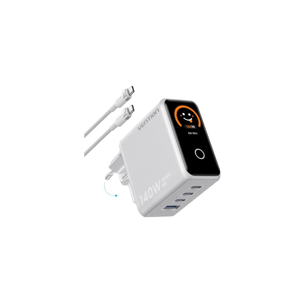 Cargador de Pared GaN Vention TZ-FCOI0-EU/ 3xUSB Tipo-C + Cable USB Tipo-C/ 1xUSB/ 140W | Cargadores +60W