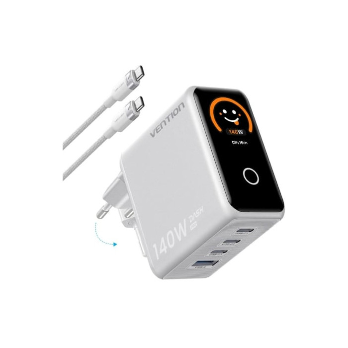 Cargador de Pared GaN Vention TZ-FCOI0-EU/ 3xUSB Tipo-C + Cable USB Tipo-C/ 1xUSB/ 140W | Cargadores +60W