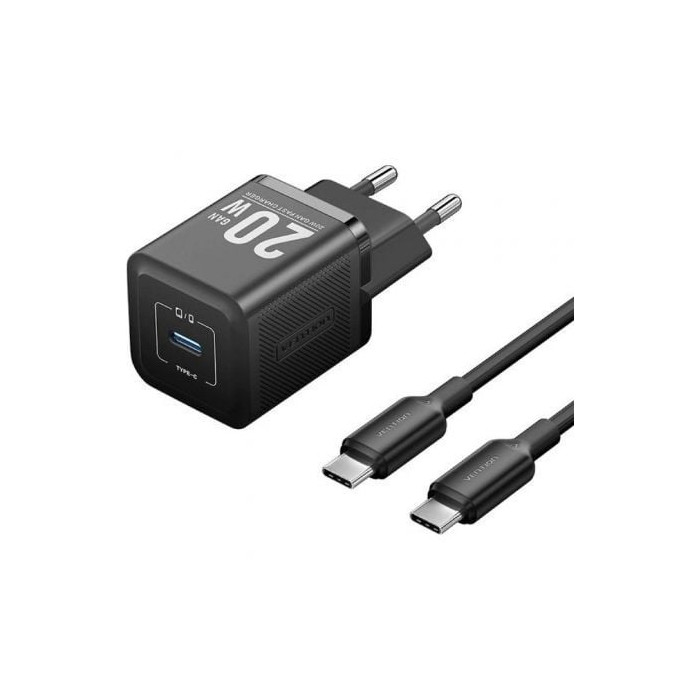 Cargador de Pared GaN Vention TZ-FEPB0-EU-01/ 1xUSB Tipo-C + Cable USB Tipo-C/ 20W | Cargadores hasta 45W