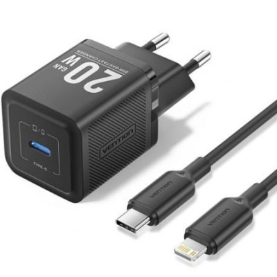 Cargador de Pared GaN Vention TZ-FEPB0-EU-02/ 1xUSB Tipo-C + Cable Lightning/ 20W | Cargadores hasta 45W