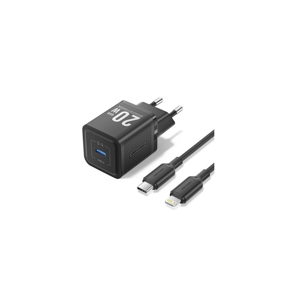 Cargador de Pared GaN Vention TZ-FEPB0-EU-02/ 1xUSB Tipo-C + Cable Lightning/ 20W | Cargadores hasta 45W