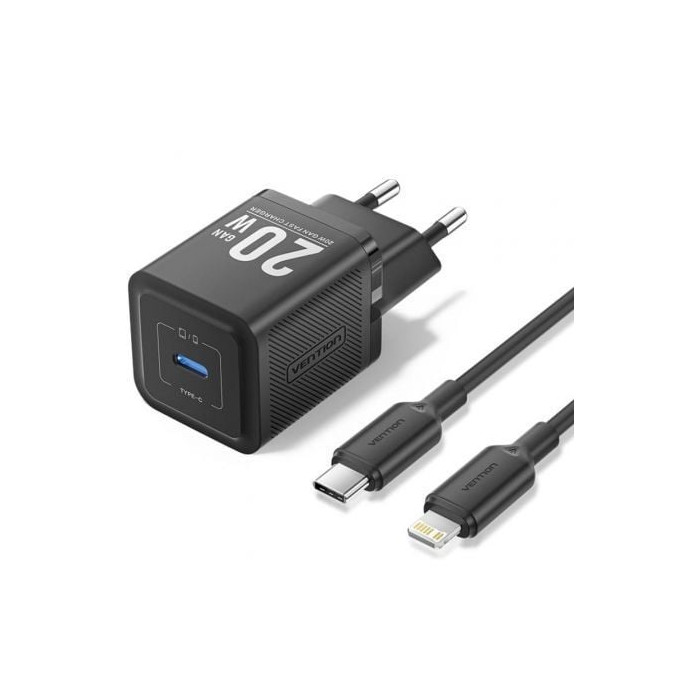 Cargador de Pared GaN Vention TZ-FEPB0-EU-02/ 1xUSB Tipo-C + Cable Lightning/ 20W | Cargadores hasta 45W