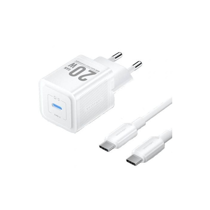 Cargador de Pared GaN Vention TZ-FEPW0-EU-01/ 1xUSB Tipo-C + Cable USB Tipo-C/ 20W | Cargadores hasta 45W