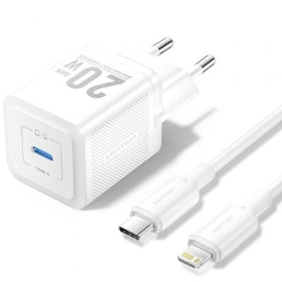 Cargador de Pared GaN Vention TZ-FEPW0-EU-02/ 1xUSB Tipo-C + Cable Lightning/ 20W | Cargadores hasta 45W