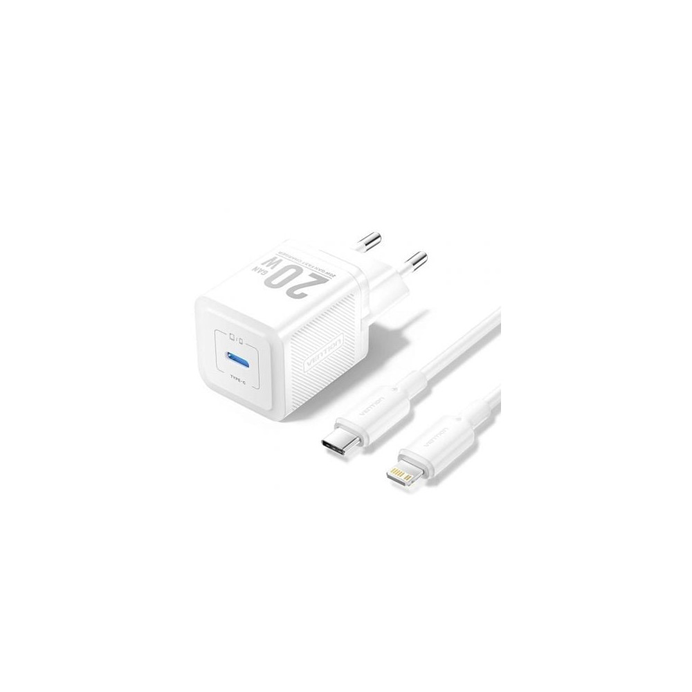 Cargador de Pared GaN Vention TZ-FEPW0-EU-02/ 1xUSB Tipo-C + Cable Lightning/ 20W | Cargadores hasta 45W