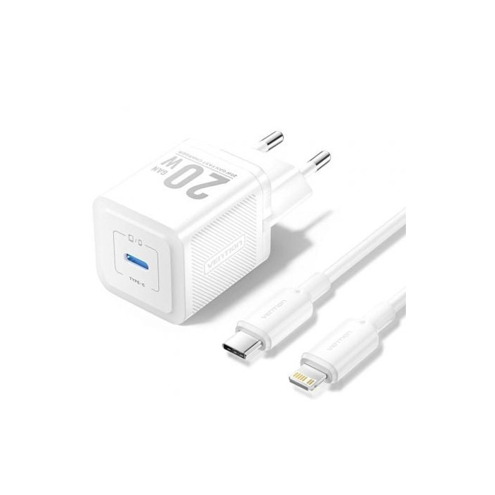 Cargador de Pared GaN Vention TZ-FEPW0-EU-02/ 1xUSB Tipo-C + Cable Lightning/ 20W | Cargadores hasta 45W