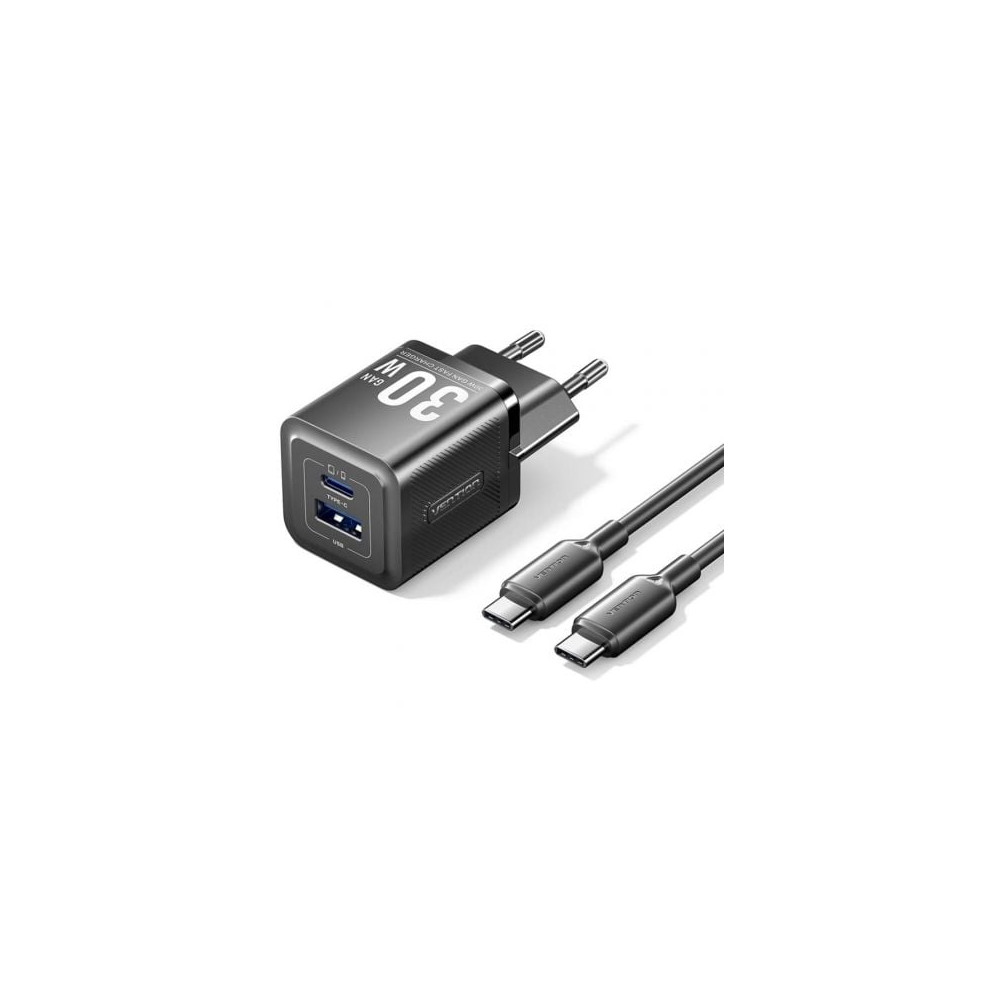Cargador de Pared GaN Vention TZ-FEQB0-EU-01/ 1xUSB Tipo-C/ 1xUSB + Cable USB Tipo-C/ 30W | Cargadores hasta 45W